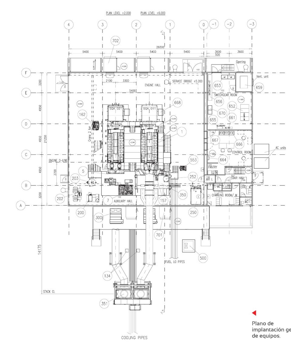 General equipment layout drawing: engine hall, switchgear room, control room, auxiliary building, fuel/oil piping and cooling piping.