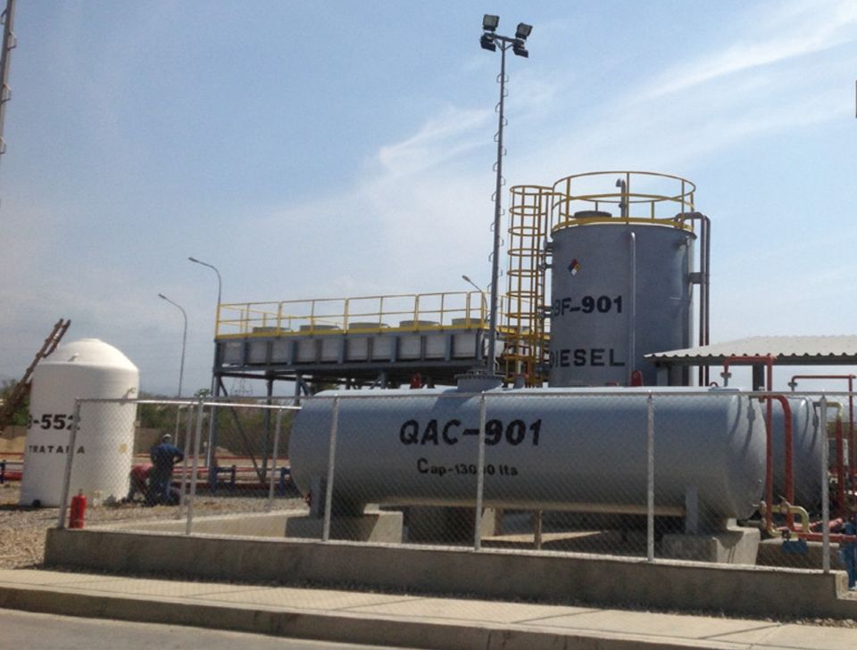 Diesel fuel tanks (marked QAC-901 and BF-901) inside a generation plant.